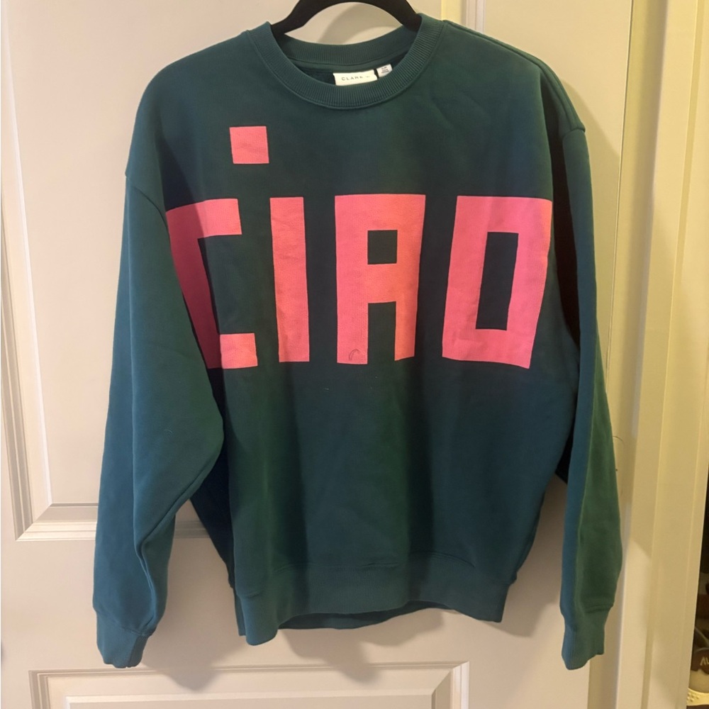 Clare V Teal Crewneck Sweatshirt with Pink 'CIAO' Graphic